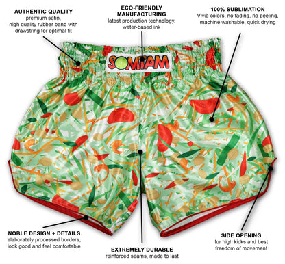 Infographic showing premium satin, eco-friendly sublimation, side opening and reinforced seams of SOM TAM Muay Thai Shorts