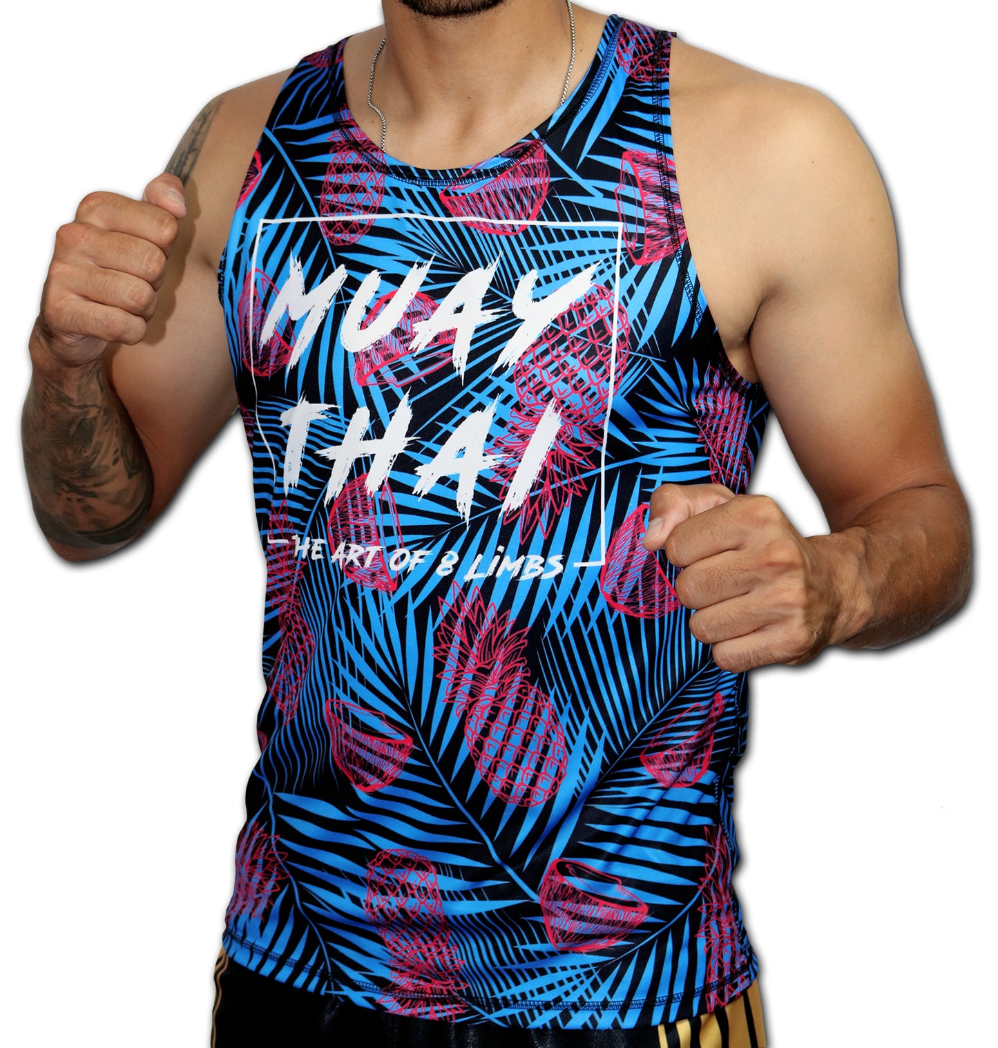 Men's Muay Thai tank top, blue tropical pineapple print, 8 Limbs Universe design