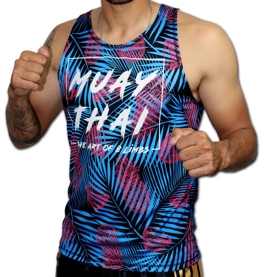 Men's Muay Thai tank top, blue tropical pineapple print, 8 Limbs Universe design