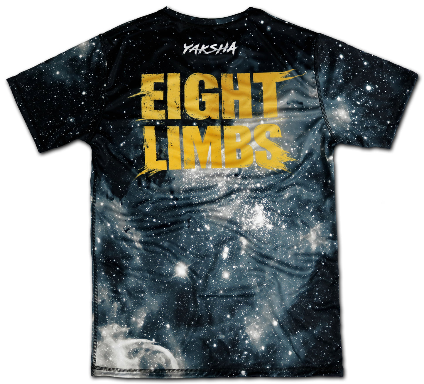 YAKSHA 8 Limbs Universe Muay Thai t-shirt back view, bold Eight Limbs text in gold over galaxy print with YAKSHA branding
