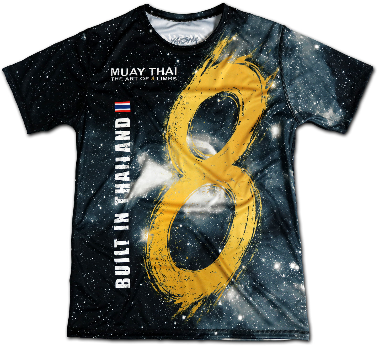 YAKSHA 8 Limbs Universe Muay Thai t-shirt front view, black galaxy design with golden brushed 8 symbol representing the Art of 8 Limbs