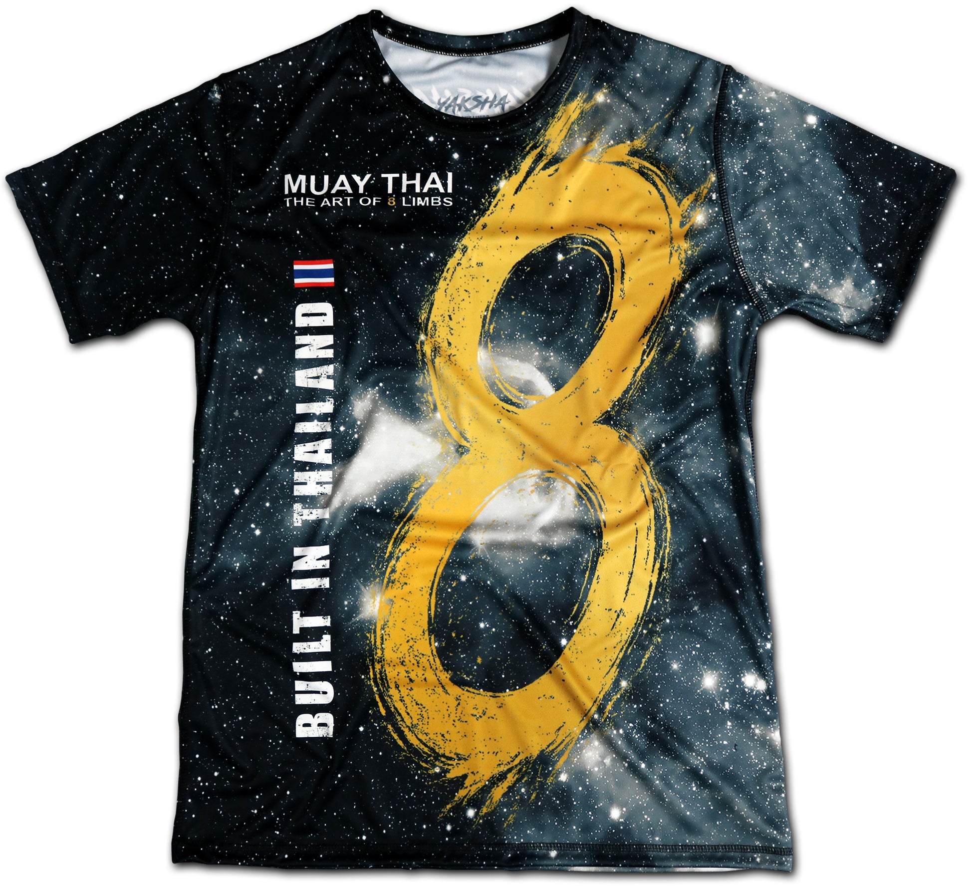 YAKSHA 8 Limbs Universe Muay Thai t-shirt front view, black galaxy design with golden brushed 8 symbol representing the Art of 8 Limbs