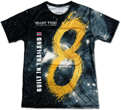 YAKSHA 8 Limbs Universe Muay Thai t-shirt front view, black galaxy design with golden brushed 8 symbol representing the Art of 8 Limbs