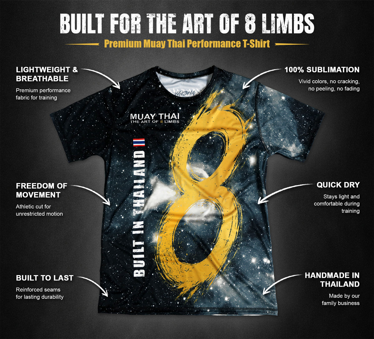 YAKSHA 8 Limbs Universe Muay Thai performance T-shirt infographic showing breathable fabric, quick-dry material and sublimation print.