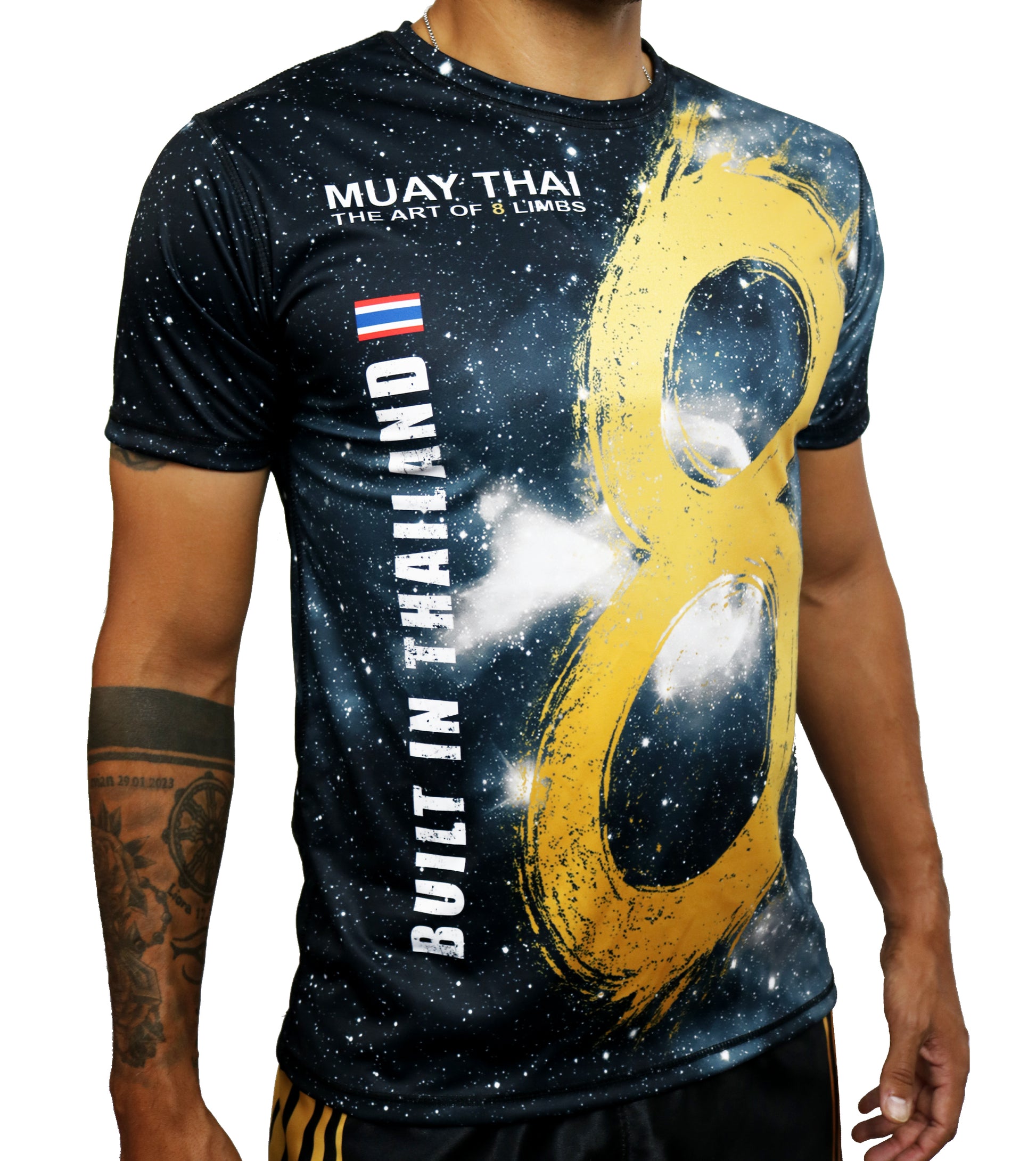 YAKSHA 8 Limbs Universe Muay Thai t-shirt worn by model, side angle detail showing print texture and fit
