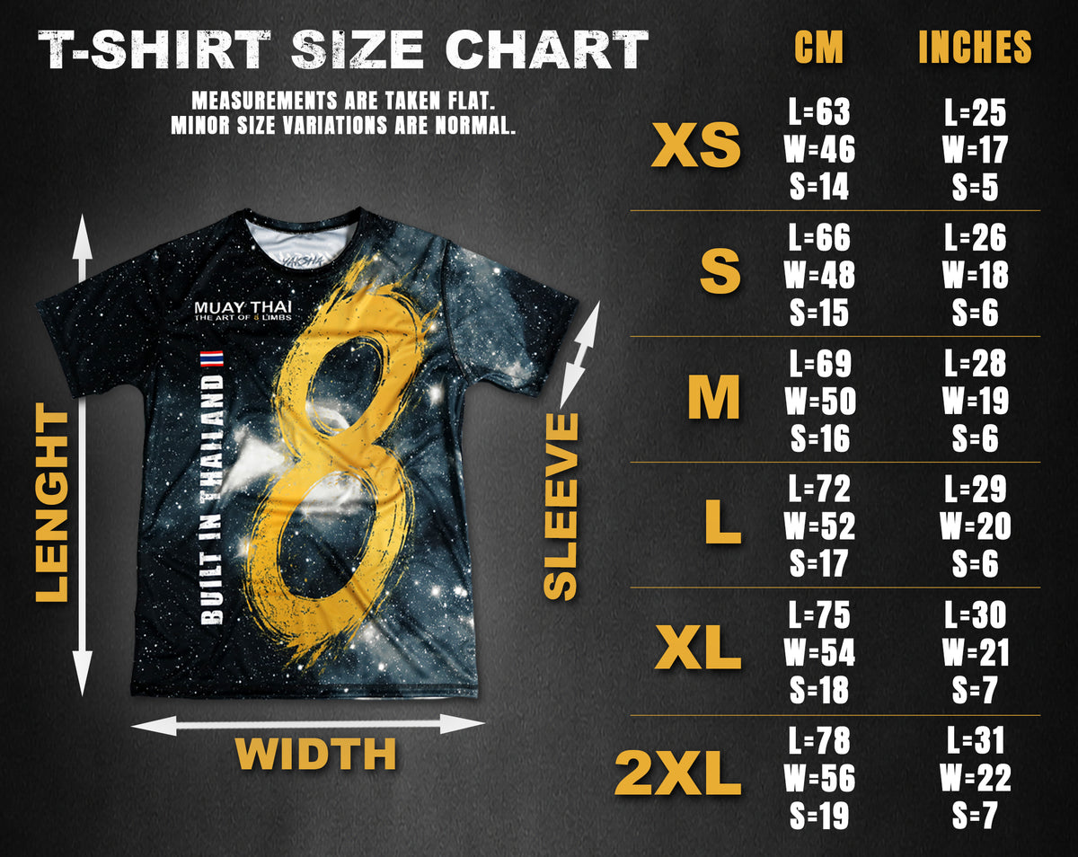 Muay Thai T-hirt size chart in XS, S, M, L, XL and 2XL with measurements in centimeters and inches