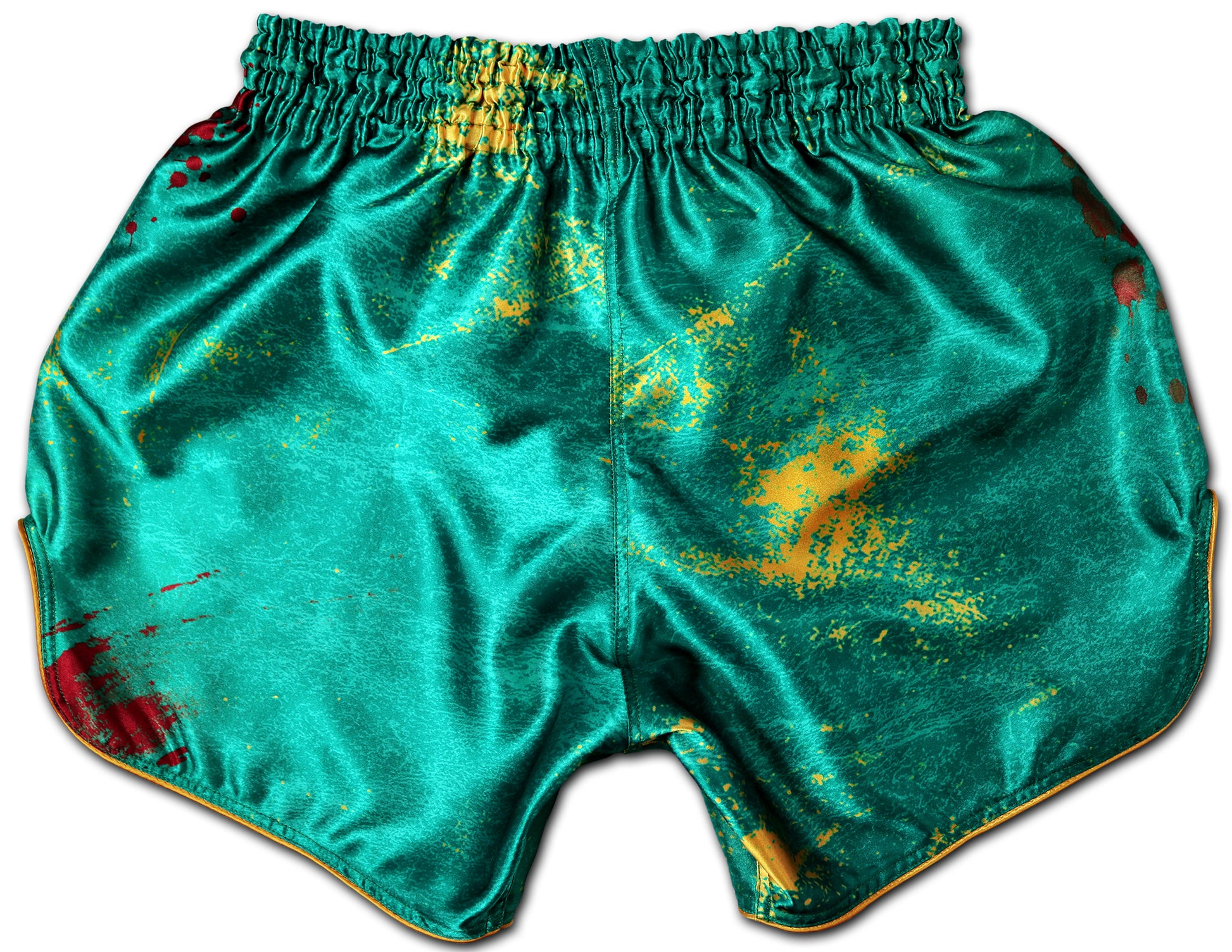 Back view of YAKSHA Muay Thai Shorts GRUNGE jade green with gold trim, showing dried blood splatters and paint textures, handmade in Thailand.