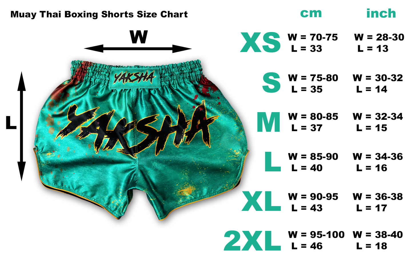 YAKSHA Muay Thai Shorts GRUNGE jade green with size chart showing waist and length measurements for XS, S, m, L, Xl and 2XL in centimeters and inches.