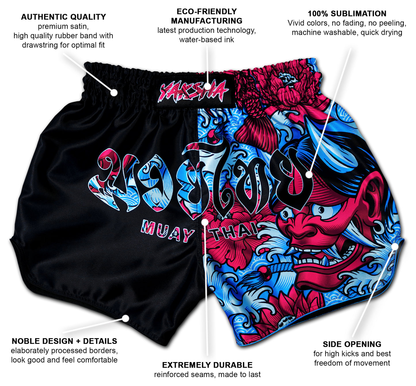 YAKSHA Muay Thai Shorts Luk Krʉng Black Oni two tone design in black, red, and blue with Oni demon artwork, showing labeled features like premium satin, eco-friendly manufacturing, reinforced seams, and side openings.