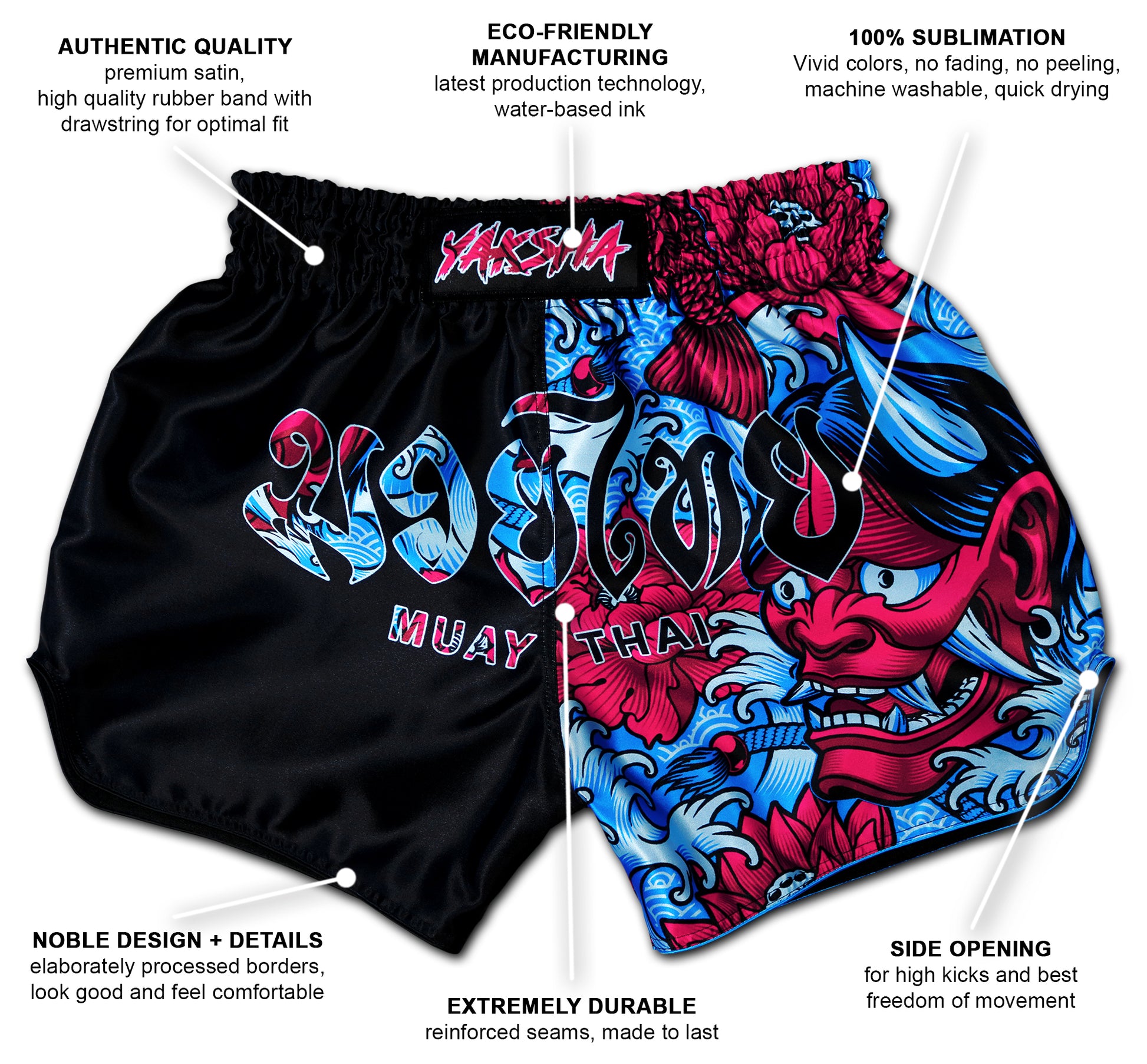 YAKSHA Muay Thai Shorts Luk Krʉng Black Oni two tone design in black, red, and blue with Oni demon artwork, showing labeled features like premium satin, eco-friendly manufacturing, reinforced seams, and side openings.