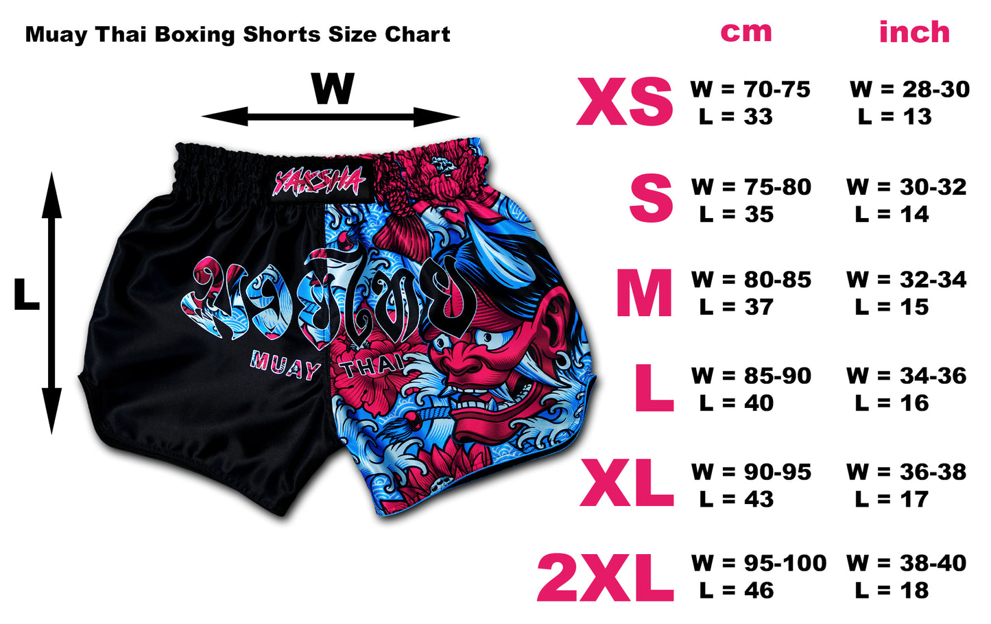 YAKSHA Muay Thai Shorts Luk Krʉng Black Oni size chart showing waist and length measurements in centimeters and inches for sizes XS to 2XL.
