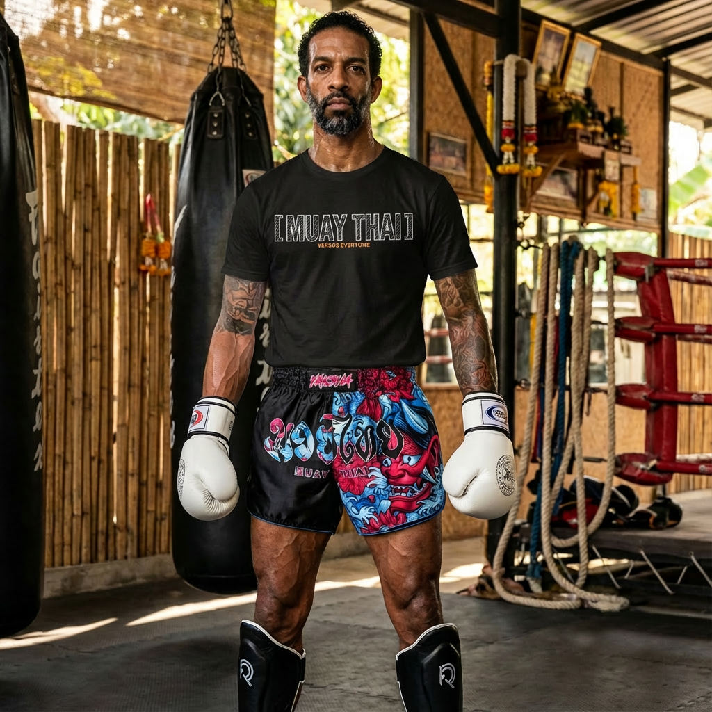 Muay Thai fighter wearing a YAKSHA Black Oni Muay Thai shorts