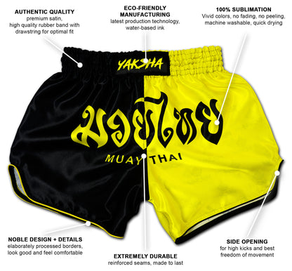 YAKSHA Luk Krung Two-tone Muay Thai Shorts Black and Yellow  infographic for product features like premium satin, 100% sublimation, reinforced seams, elastic waistband with drawstring, side opening for high kicks, handmade in Thailand