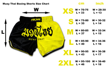 YAKSHA Luk Krung Two-tone Muay Thai Shorts Black Yellow size chart info graphic XS to 2XL with waist and length measurements in cm and inch