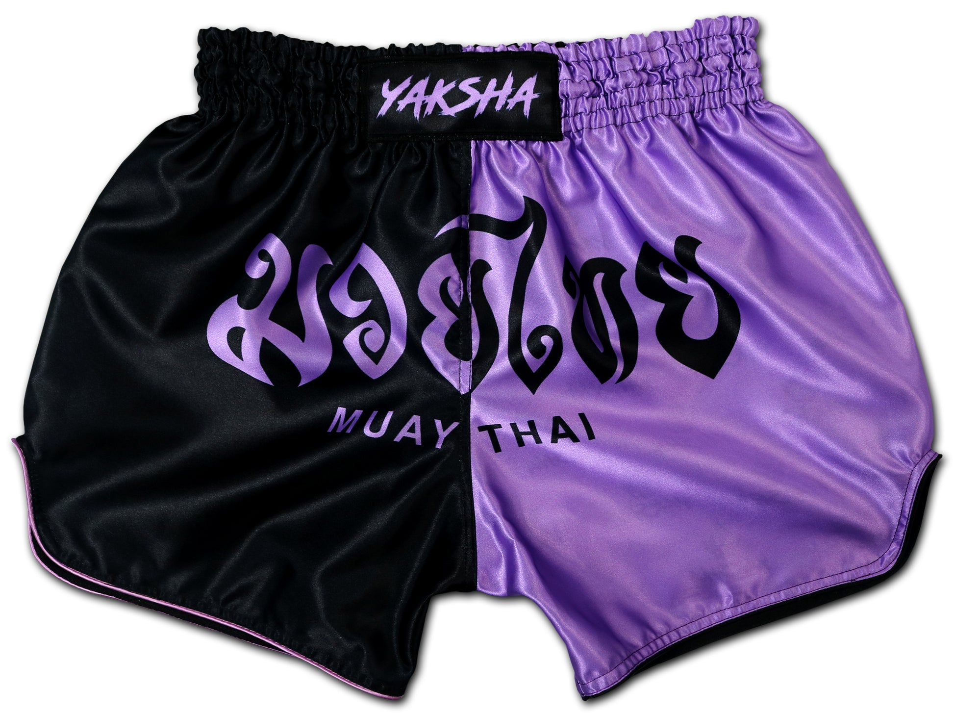 YAKSHA Luk Krung Muay Thai Shorts Black Lavender – split design with Thai script meaning Muay Thai, YAKSHA logo on waistband, handmade in Thailand