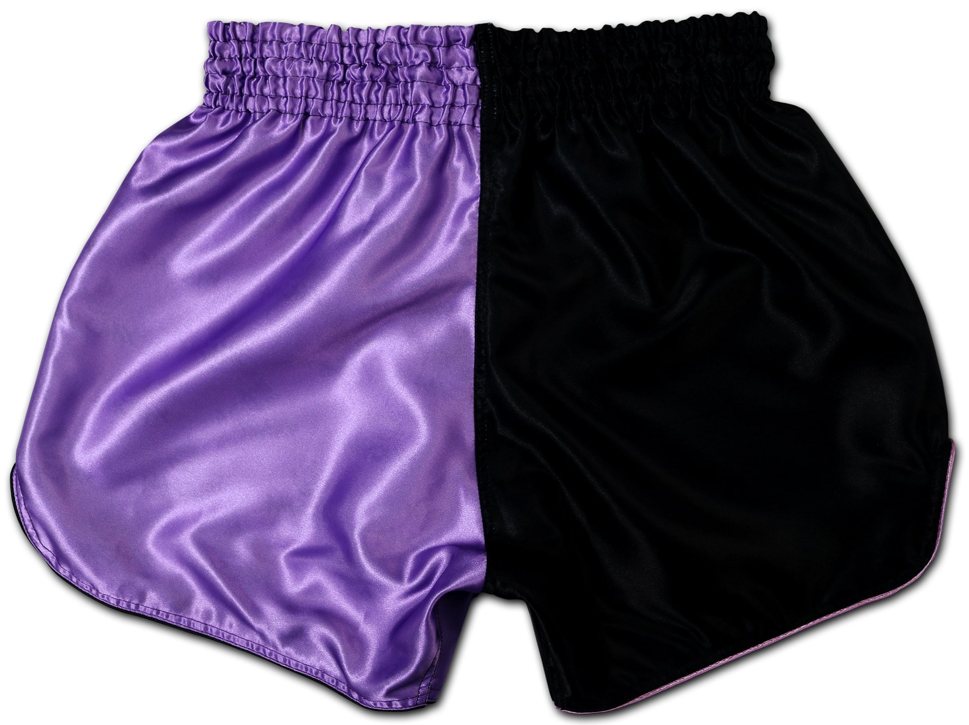 YAKSHA Luk Krung Muay Thai Shorts Black Lavender – back view showing premium satin fabric and lavender trim, handmade in Thailand