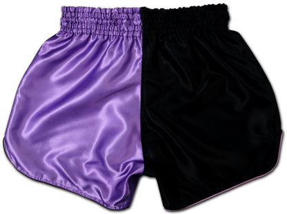 YAKSHA Luk Krung Muay Thai Shorts Black Lavender – back view showing premium satin fabric and lavender trim, handmade in Thailand