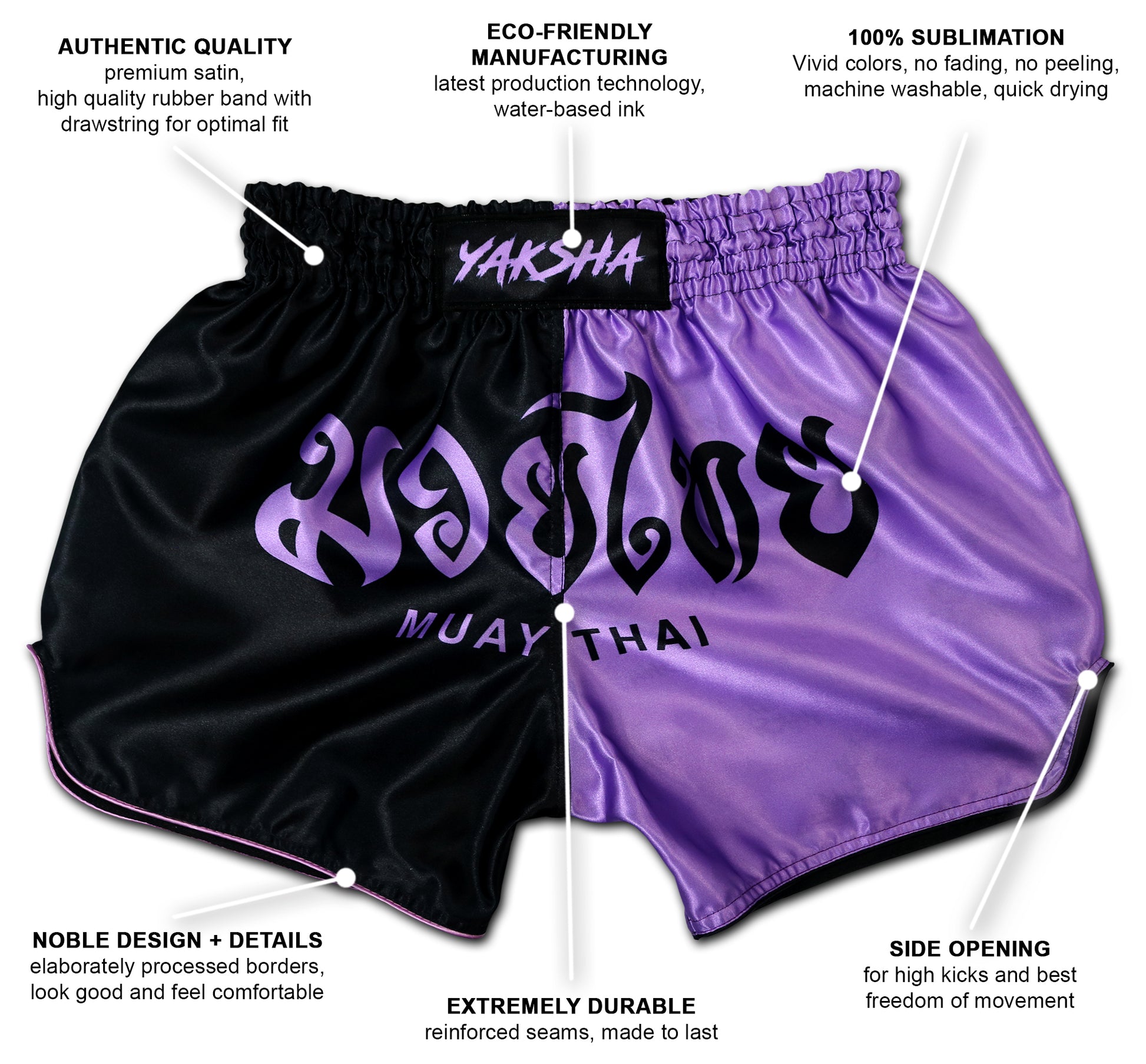 YAKSHA Luk Krung Muay Thai Shorts Black Lavender – infographic for product features like premium satin, 100% sublimation, reinforced seams, elastic waistband with drawstring, side opening for high kicks, handmade in Thailand