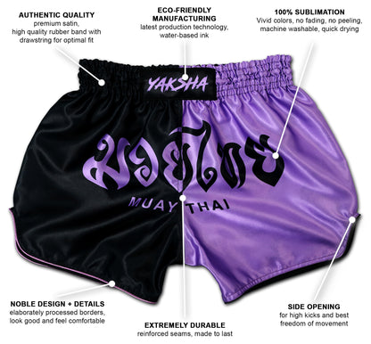 YAKSHA Luk Krung Muay Thai Shorts Black Lavender – infographic for product features like premium satin, 100% sublimation, reinforced seams, elastic waistband with drawstring, side opening for high kicks, handmade in Thailand