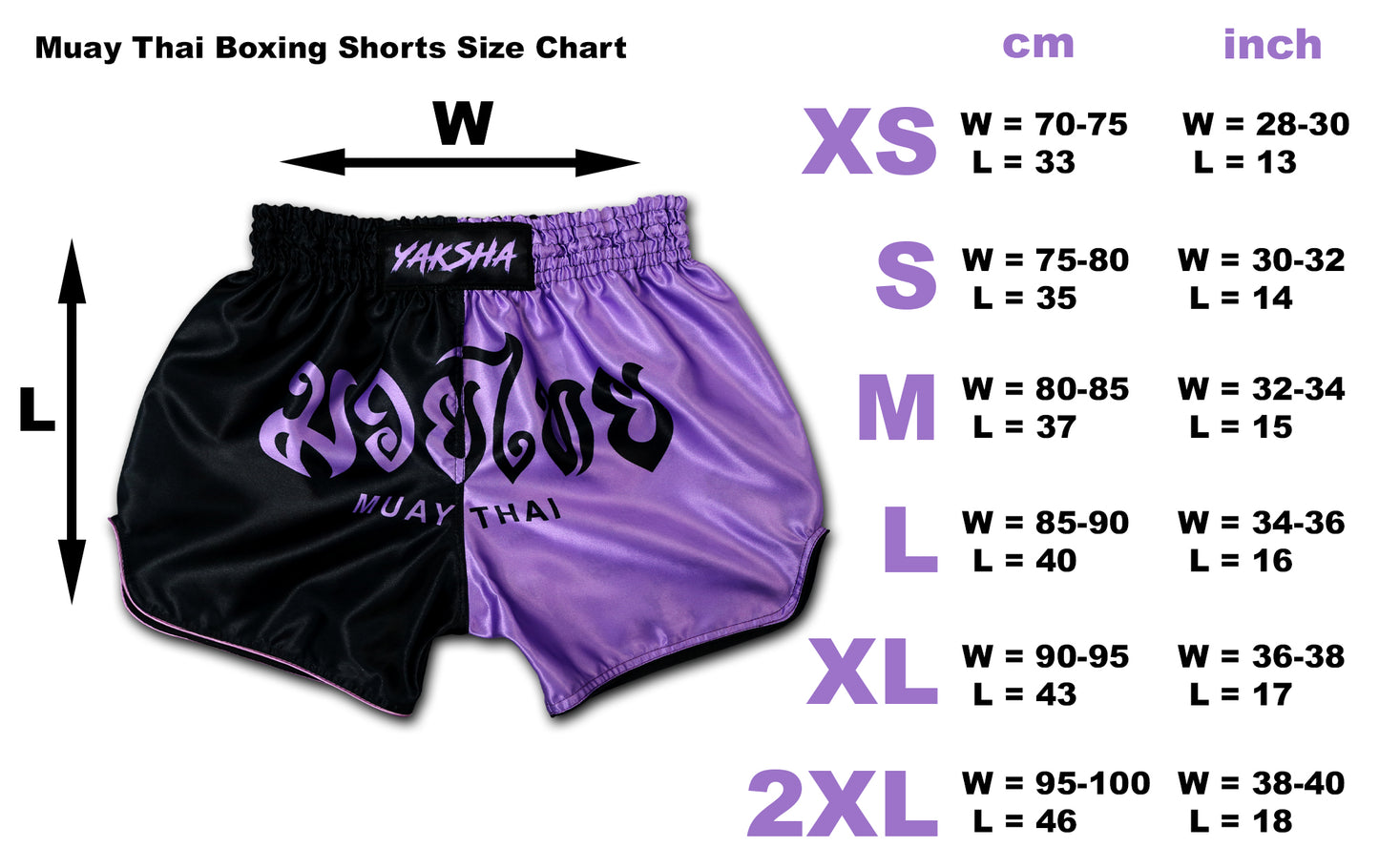 YAKSHA Luk Krung Muay Thai Shorts Black Lavender – size chart info graphic XS to 2XL with waist and length measurements in cm and inch