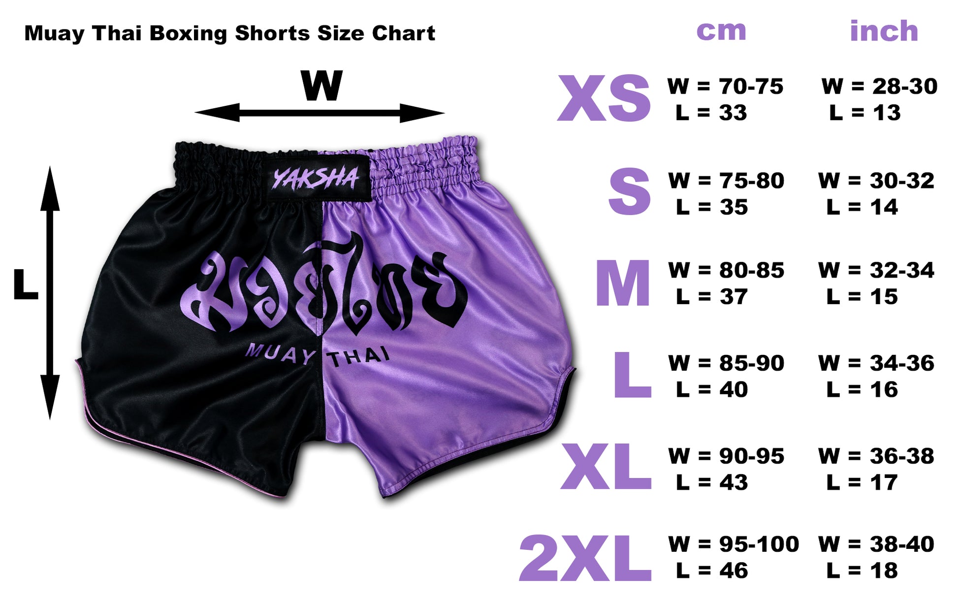 YAKSHA Luk Krung Muay Thai Shorts Black Lavender – size chart info graphic XS to 2XL with waist and length measurements in cm and inch