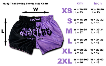 YAKSHA Luk Krung Muay Thai Shorts Black Lavender – size chart info graphic XS to 2XL with waist and length measurements in cm and inch