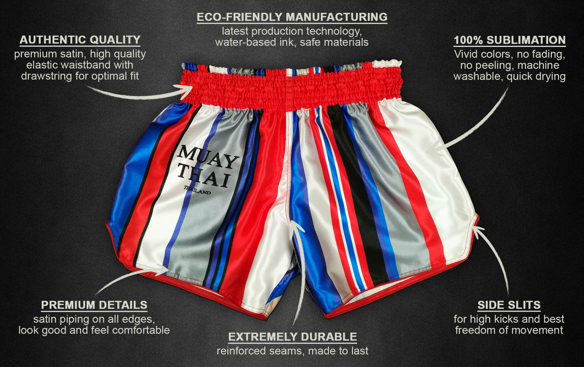Beautiful Violence Thai boxing shorts infographic showing premium satin quality, 100% sublimation print, side slits and reinforced seams
