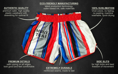 Beautiful Violence Thai boxing shorts infographic showing premium satin quality, 100% sublimation print, side slits and reinforced seams