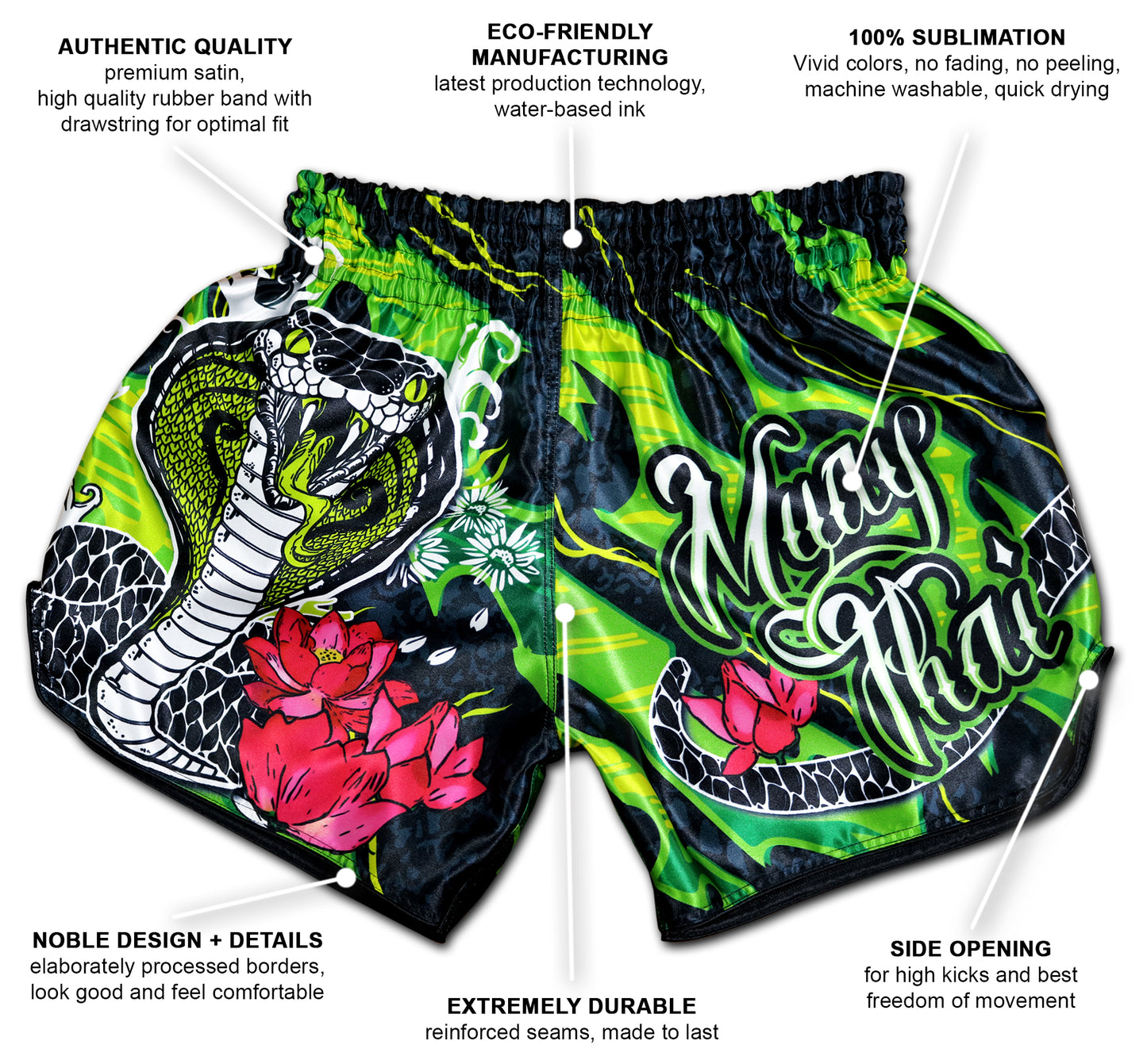 Black Cobra Muay Thai Shorts infographic showing premium satin, 100% sublimation, reinforced seams, side slits, handmade in Thailand and more