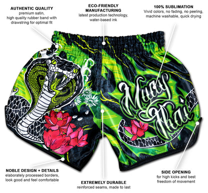 Black Cobra Muay Thai Shorts infographic showing premium satin, 100% sublimation, reinforced seams, side slits, handmade in Thailand and more