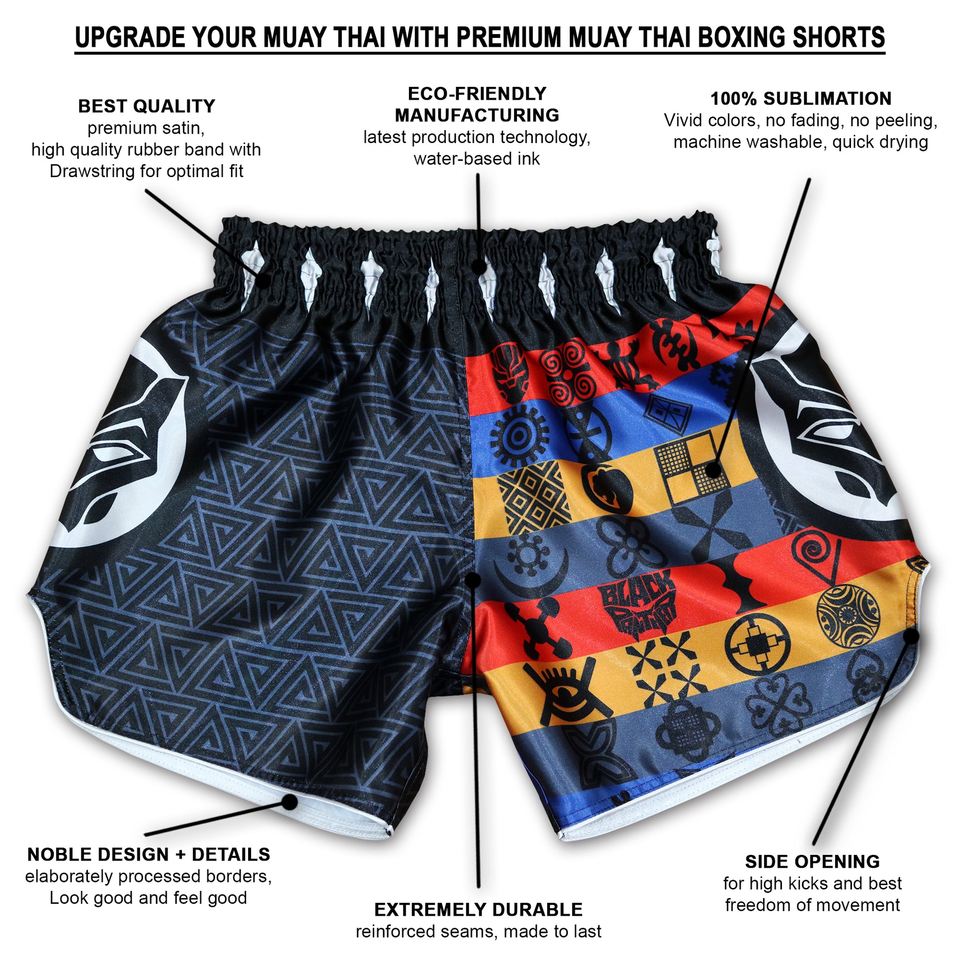 BLACK PANTHER Adinkra Muay Thai fight shorts product features infographic showing satin quality, sublimation print and reinforced seams