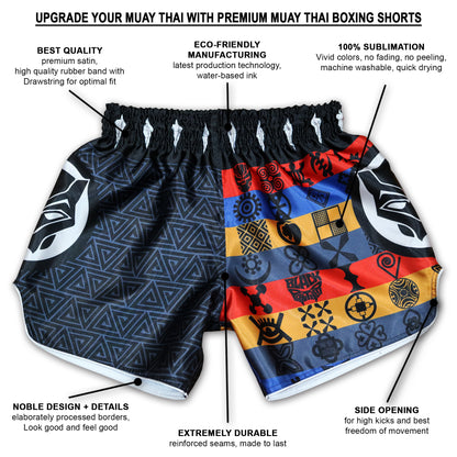 BLACK PANTHER Adinkra Muay Thai fight shorts product features infographic showing satin quality, sublimation print and reinforced seams