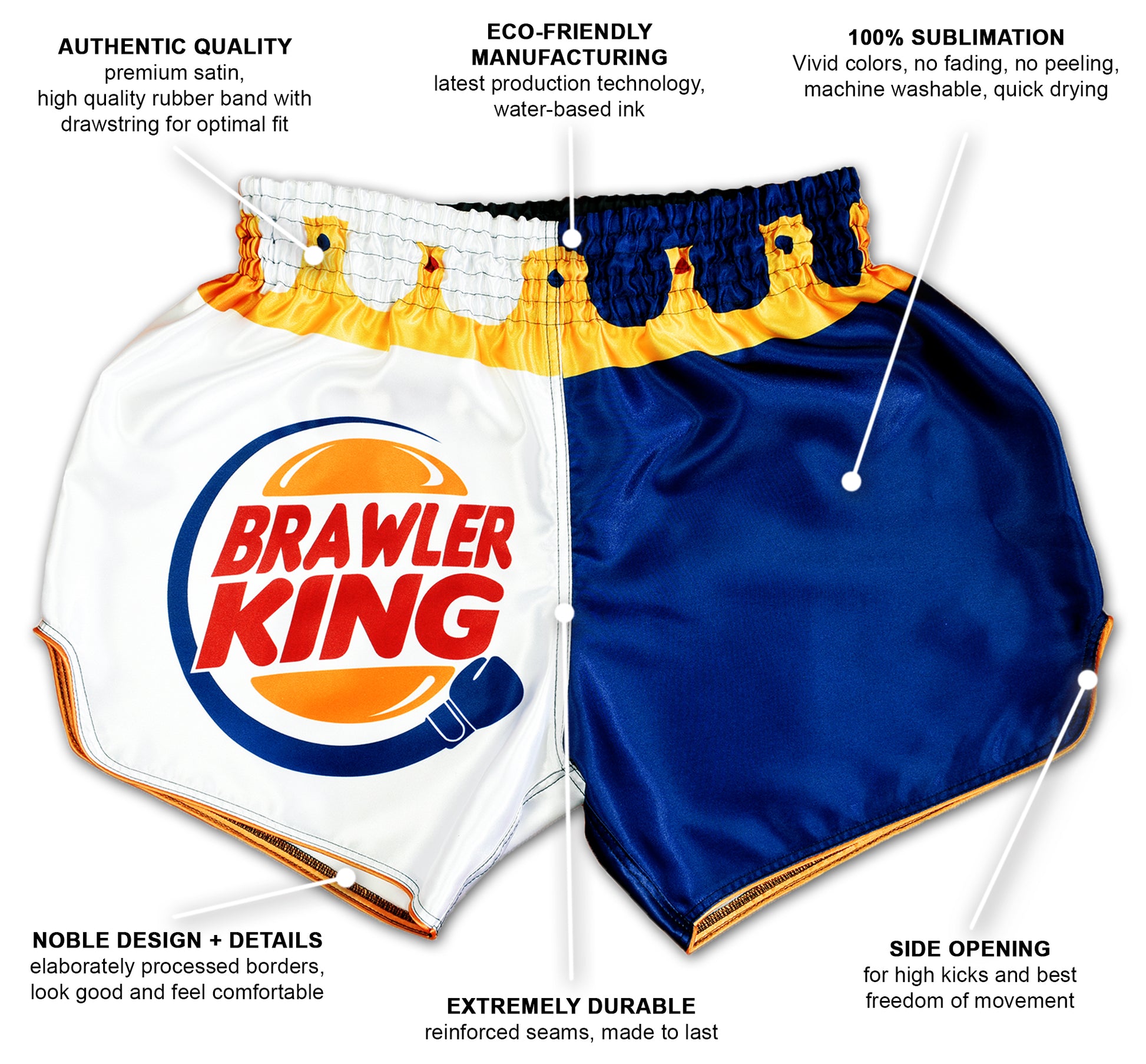 Brawler King Muay Thai Shorts with premium satin quick dry fabric and reinforced seams