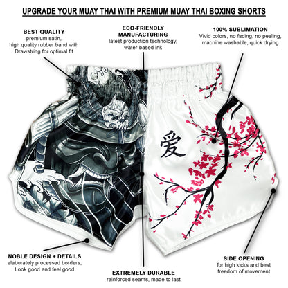 Cherry Blossom Samurai fight shorts infographic showing premium satin construction, eco-friendly water-based ink, 100 percent sublimation printing, noble design borders, side openings for high kicks and reinforced seams