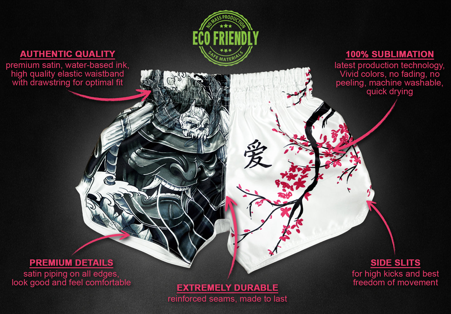 Cherry Blossom Samurai fight shorts infographic showing premium satin quality, sublimation print, satin piping and side slits and more