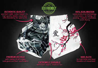 Cherry Blossom Samurai fight shorts infographic showing premium satin quality, sublimation print, satin piping and side slits and more