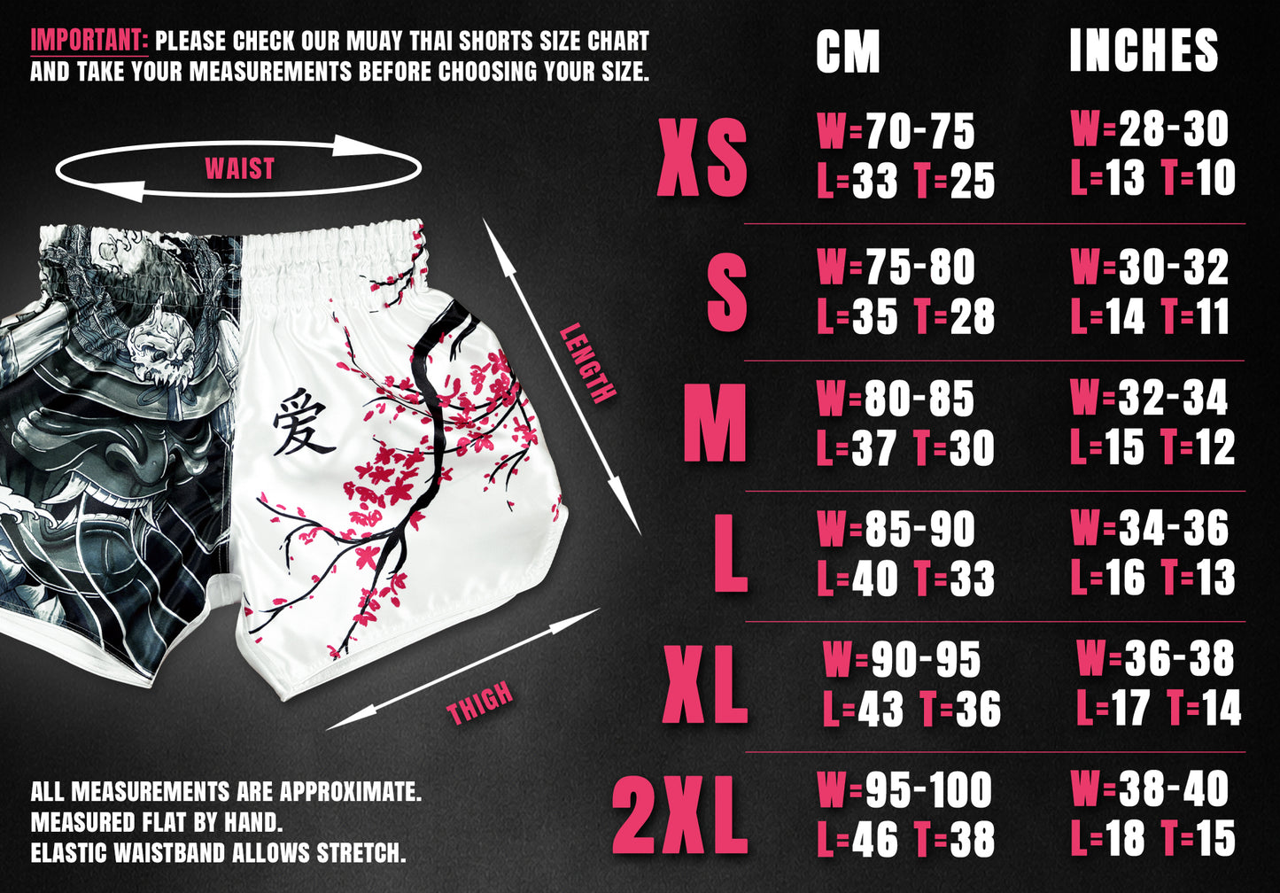 Size chart for Cherry Blossom Samurai fight shorts, waist, length and thigh measurements in cm and inches from XS to 2XL