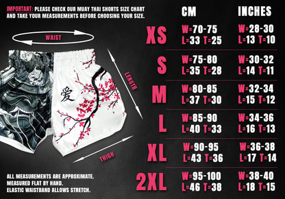 Size chart for Cherry Blossom Samurai fight shorts, waist, length and thigh measurements in cm and inches from XS to 2XL