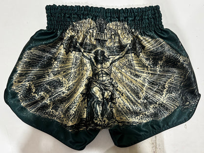 Custom-made Muay Thai Shorts Dark Green, Back View with Full Crucifixion Print in Gold and Black Engraving Style