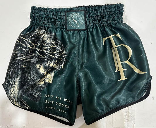 Custom-made Muay Thai Shorts in Dark Green with Jesus Crown of Thorns Print and Gold TLR Logo – "Not My Will But Yours" Luke 22:42