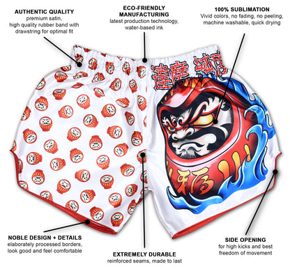 Infographic of DARUMA fight shorts showing premium satin, water-based sublimation print, side opening and reinforced seams