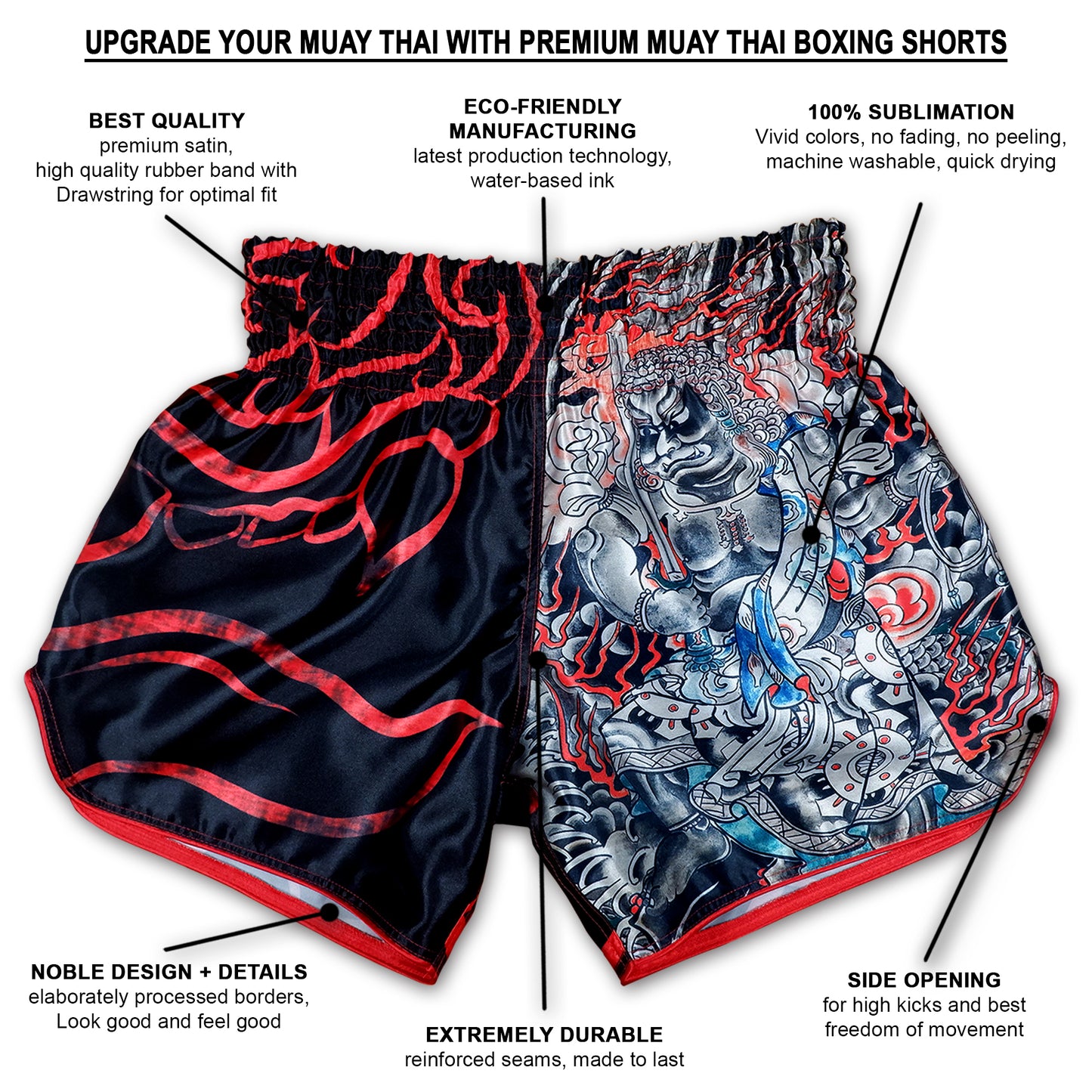 Infographic showing Dragon Master Mixed Martial Arts Shorts with premium satin, reinforced seams and sublimated dragon artwork
