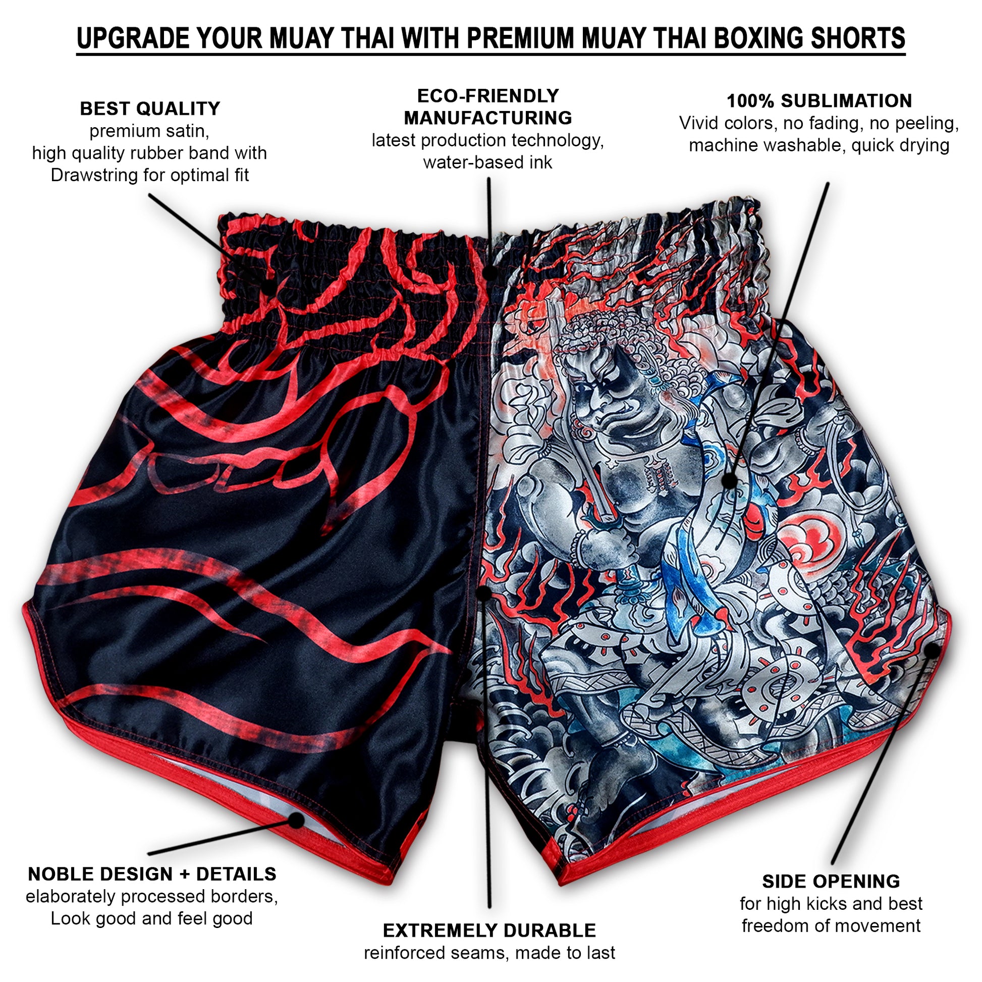 Infographic showing Dragon Master Mixed Martial Arts Shorts with premium satin, reinforced seams and sublimated dragon artwork