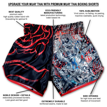 Infographic showing Dragon Master Mixed Martial Arts Shorts with premium satin, reinforced seams and sublimated dragon artwork