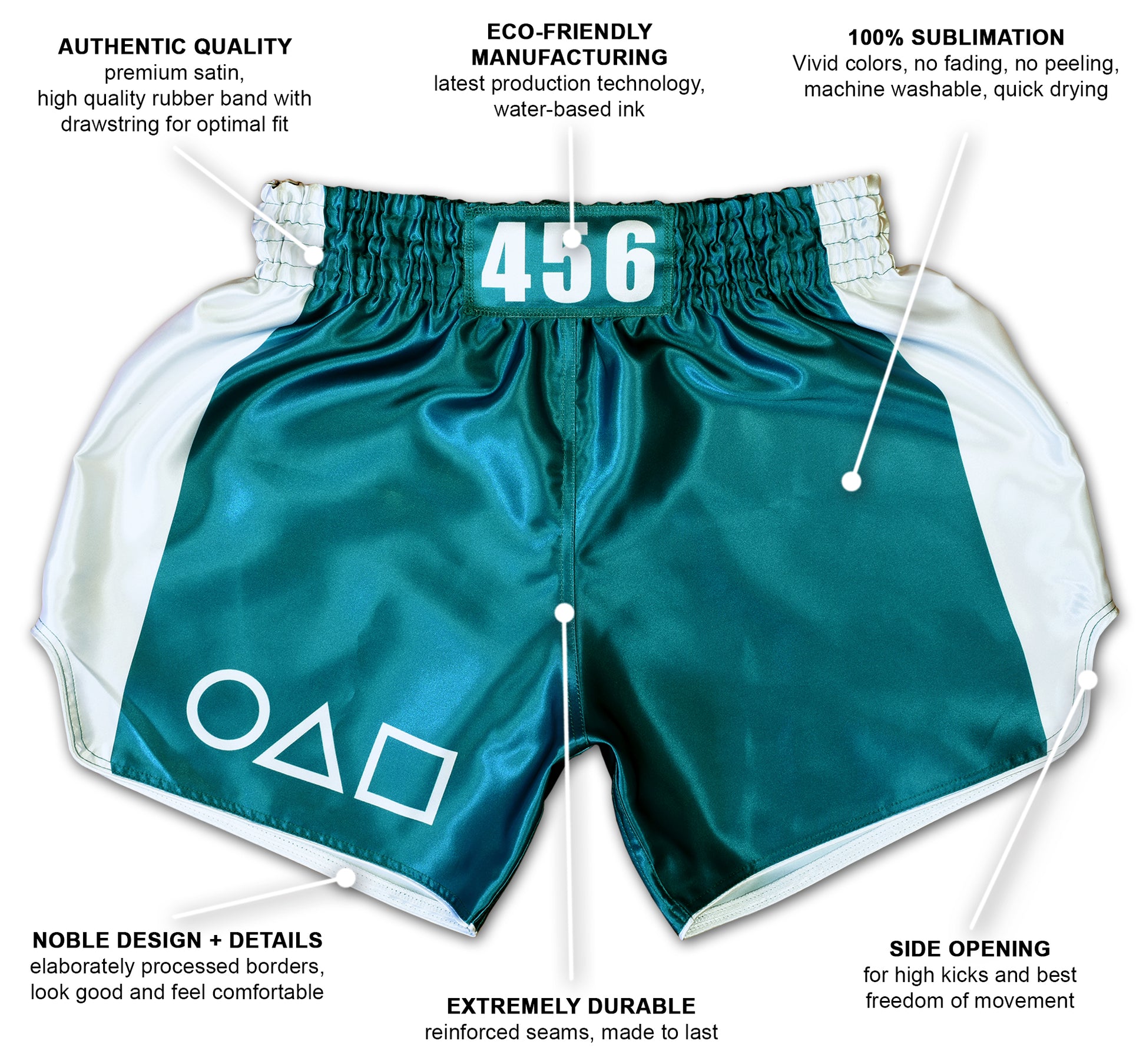 Infographic of muay thai training shorts showing premium satin, reinforced seams, side slits and 100% sublimation print