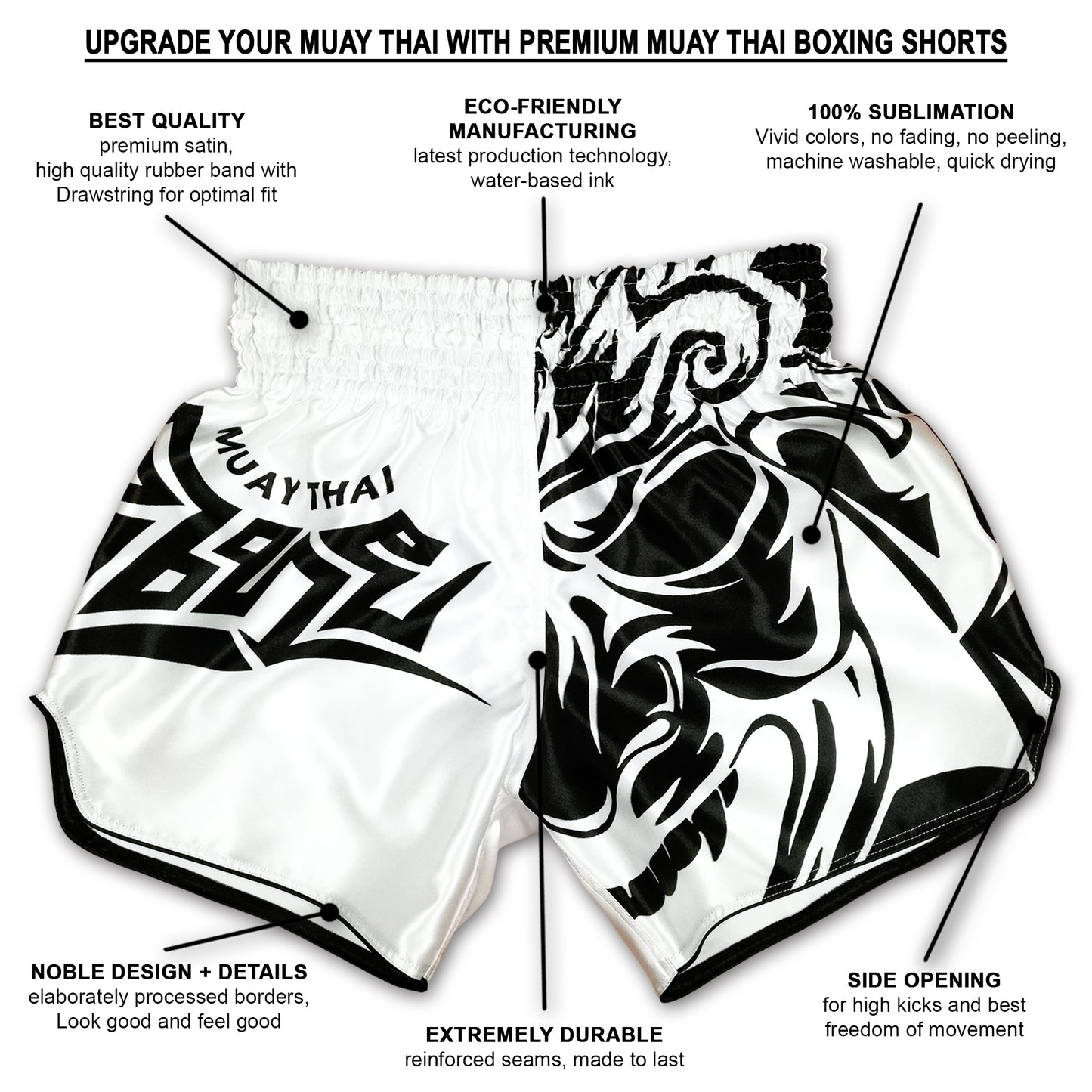 Info graphic for Tribal Samurai Muay Thai Boxing Shorts showing premium satin, sublimation print, side openings and reinforced seams