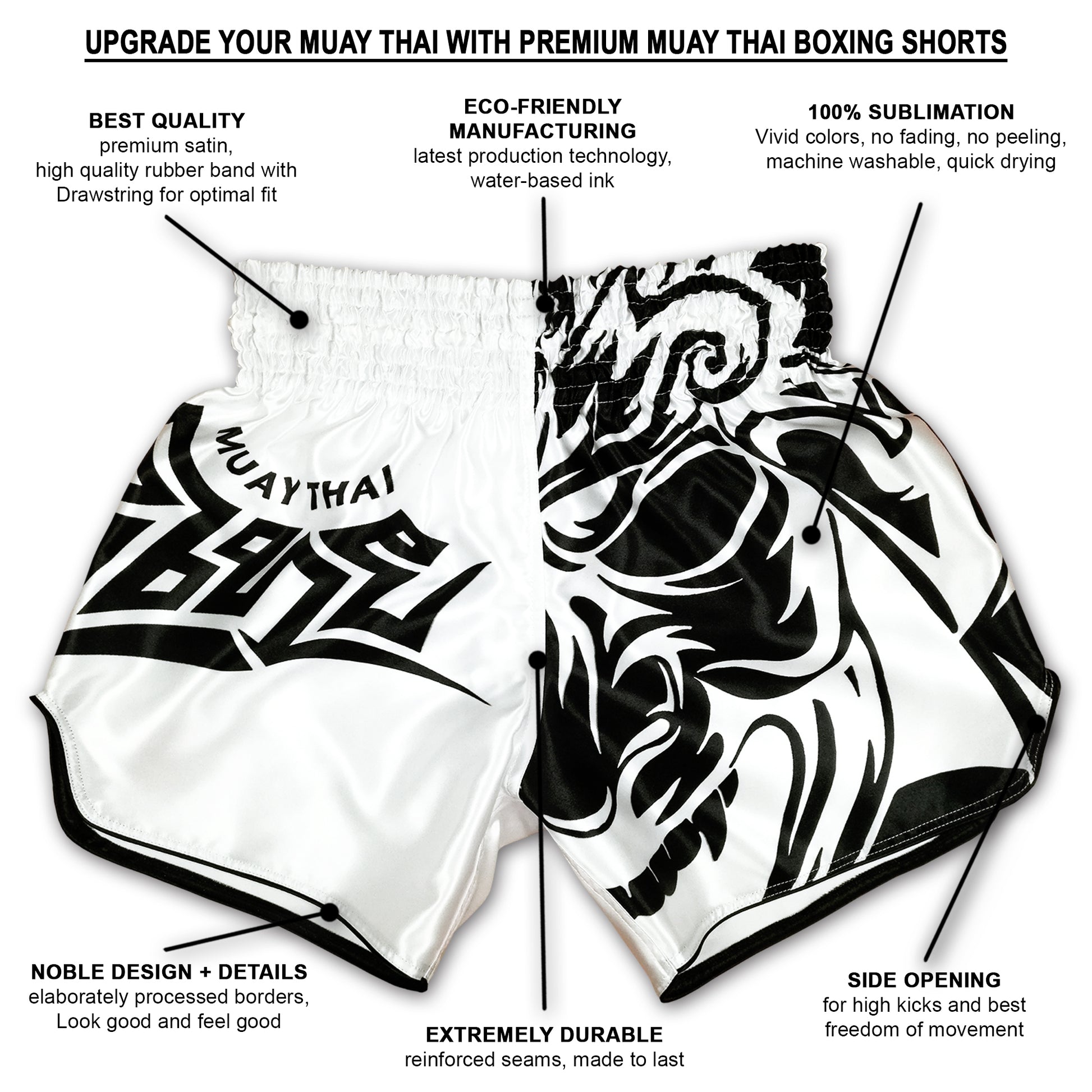 Info graphic for Tribal Samurai Muay Thai Boxing Shorts showing premium satin, sublimation print, side openings and reinforced seams