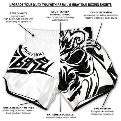 Info graphic for Tribal Samurai Muay Thai Boxing Shorts showing premium satin, sublimation print, side openings and reinforced seams