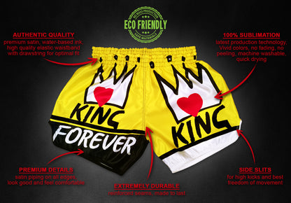 KING Forever boxing trunks infographic showing premium satin quality, sublimation print, satin piping and side slits
