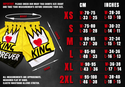 Size chart for KING Forever boxing trunks in original yellow, waist and length measurements in cm and inches from XS to 2XL